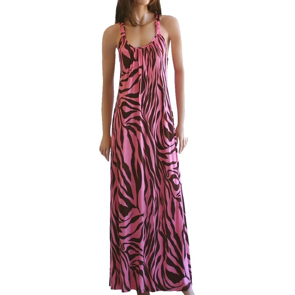 Flora Kung NWT $540 Silk Jersey Pink Brown Boho Maxi Halter Dress 8 - Picture 1 of 4